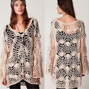 FREE PEOPLE Crochet Sweater Tan Beige Open Knit Beach Swimsuit Coverup Bohemian